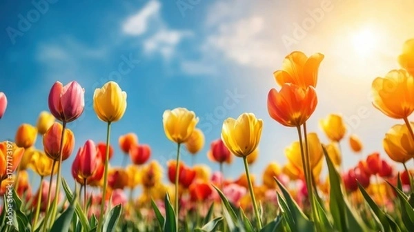 Fototapeta Vibrant Tulip Field Under Bright Sky with Soft Sunlight Glow