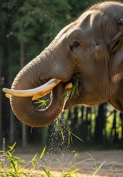 Fototapeta Close-up of a large gray elephant eating plants, showcasing its trunk and ivory tusks, with water droplets visible, set against a blurred background of lush green foliage.