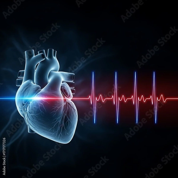 Fototapeta A detailed 3D anatomical illustration of a human heart overlaid with a vibrant electrocardiogram, showcasing the heart's rhythm and structure.