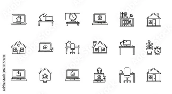 Fototapeta Vector Icons Set of Hand drawn sketch icon set for remote work from home office. EPS Editable