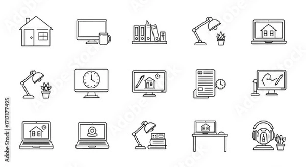 Fototapeta Vector Icons Set of Hand Drawn Work From Home and Remote Office Icon Set. EPS Editable