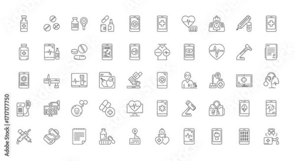 Fototapeta Vector Icons Set of Medical Healthcare and Pharmacy Outline Icon Collection Vector Set. EPS Editable