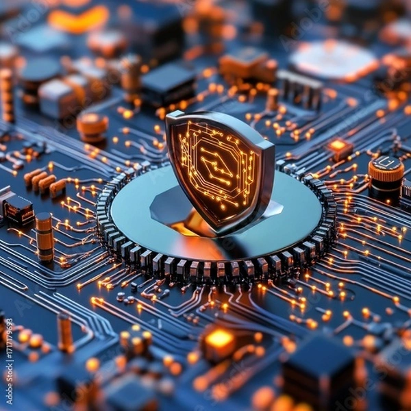 Fototapeta Futuristic Circuit Board with Shield Symbol Representing Security