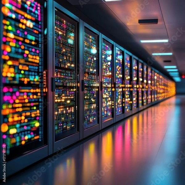 Fototapeta Colorful Data Center with Bright Lights and Server Racks Display
