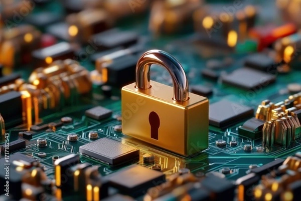 Fototapeta Golden Padlock on Circuit Board Representing Digital Security Concepts