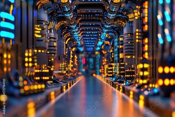 Fototapeta Futuristic Data Center with Neon Lights and Digital Infrastructure