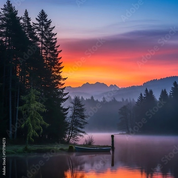 Fototapeta A serene lake scene at sunrise, showcasing a tranquil morning with colorful skies reflecting on the water's surface, surrounded by dark silhouettes of trees and mountains shrouded in mist.