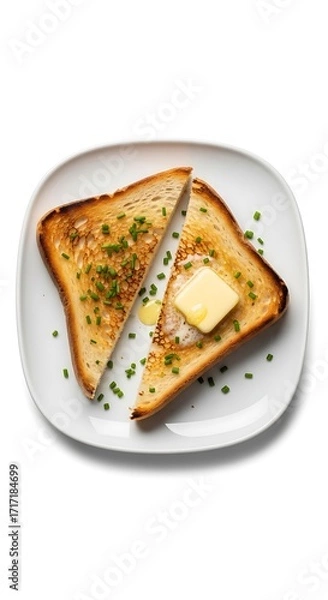 Fototapeta Two slices of toasted bread, buttered and garnished with fresh chives, sit on a white plate, against a plain white background.