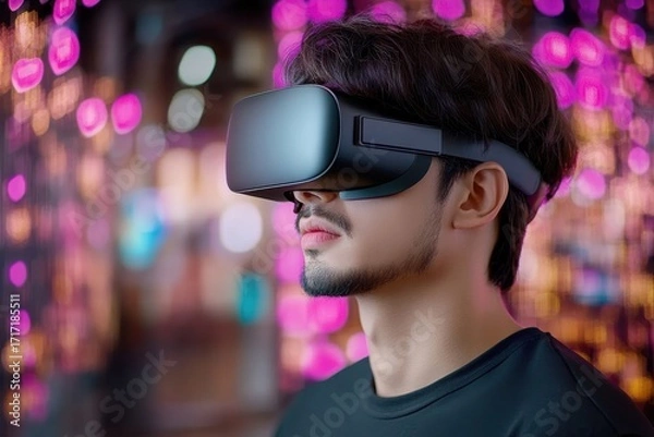 Fototapeta Male using virtual reality headset in vibrant neon lights backdrop
