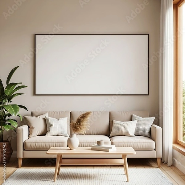 Fototapeta A beige living room scene showcases a large, blank framed canvas, a light brown couch, and a wooden coffee table, creating a serene and minimalist aesthetic.