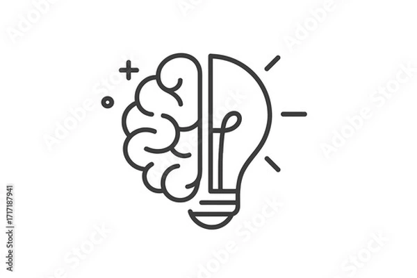 Obraz Creative idea, innovation, knowledge concept. Half brain half lightbulb icon. Symbol for intelligence, technology, brainstorming, problem solving. Smart solution, learning, genius mind.