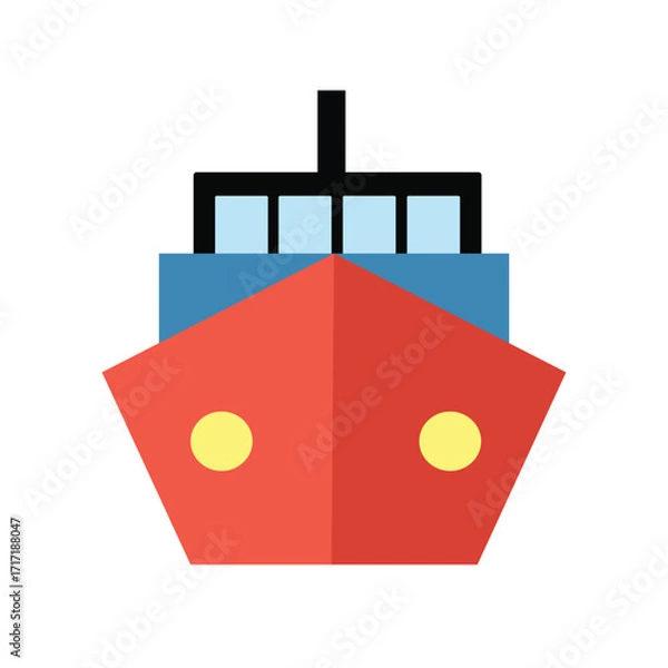 Obraz Front view of a red cargo ship with a blue cabin, yellow lights, and a black chimney. Cruise Ship Icon. Flat Design Ship Icon.