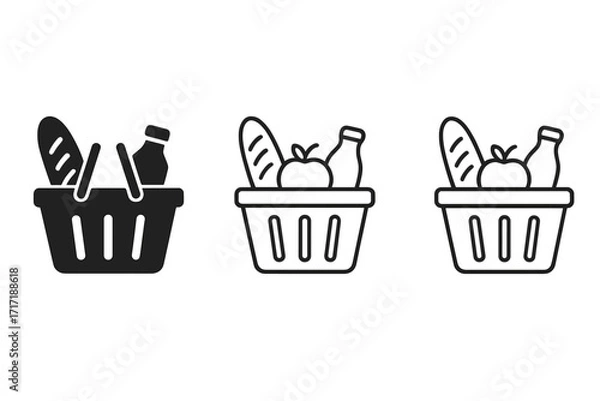 Obraz Shopping basket vector icon set in 3 styles. Full of groceries like bread, milk, and apple. For food delivery, ecommerce, retail, market, and store graphic design concepts.
