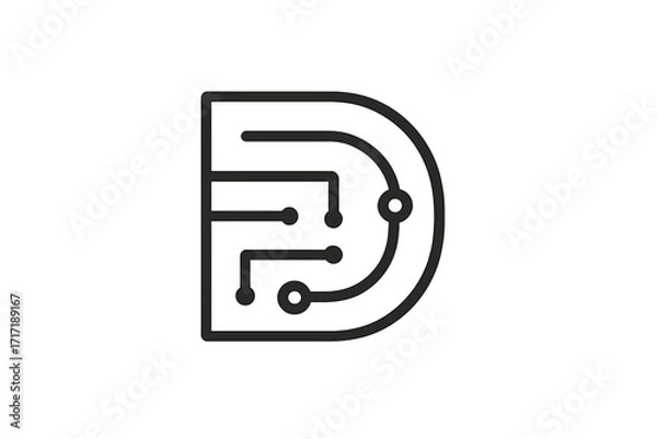 Obraz Letter D logo icon. Minimalist vector design for technology, digital interfaces, hardware, engineering. Tech monogram concept. Graphic symbol of circuit, data, network.