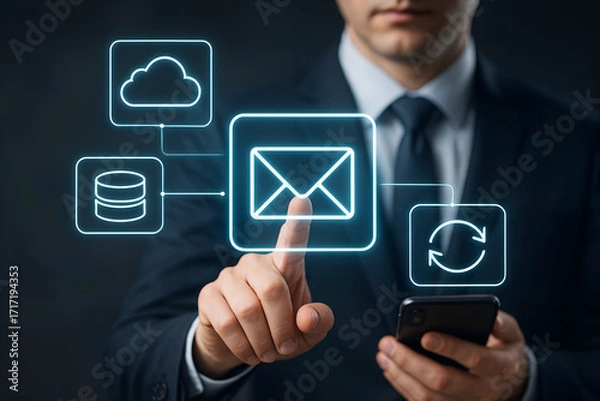 Fototapeta Man interacts with cloud storage and email icons on digital interface