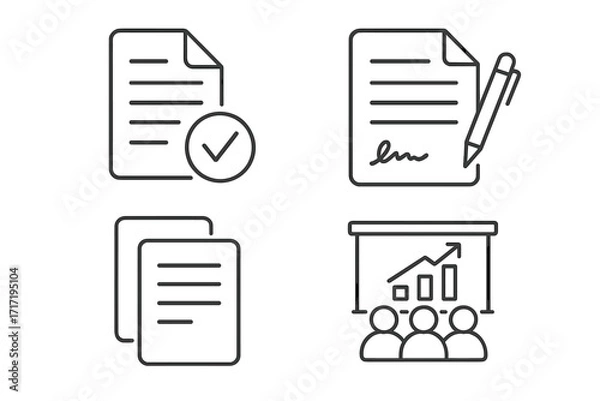 Fototapeta Business line icon set with document, contract, signature, and presentation. Outline icons for report, agreement, growth analysis, and meeting. Editable stroke vector.