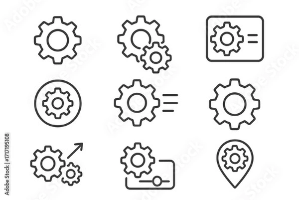 Fototapeta Gear and cog line icon set for settings and configuration. Vector symbols for web UI, app development, and mechanism concepts. Editable stroke for custom design.