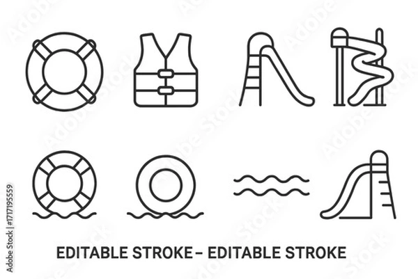 Fototapeta Water park and swimming pool safety icon set. Vector line art of lifebuoy, life jacket, and water slide. Summer vacation and rescue symbols for web and apps. Editable stroke.