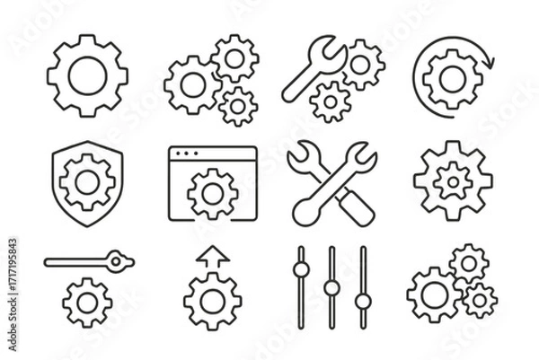 Fototapeta Mechanism and settings vector icon bundle, editable stroke line art collection of gear, wrench, tools, controls for website, app design, UI interface, tech and mechanical concept