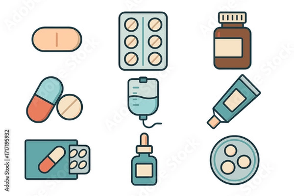 Fototapeta Medical and Treatment Icons Bundle. Simple outline vector illustrations of pills, capsules, medicine bottles, IV bag, ointment tube, dropper bottle for healthcare design, apps, web, and posts.