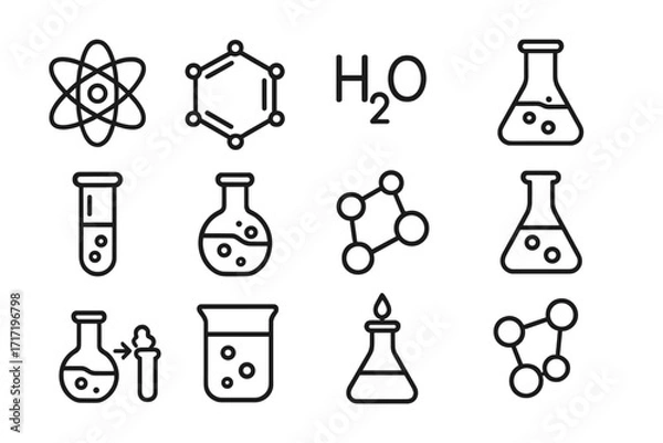 Fototapeta Simple linear chemistry illustration with atom, molecular structures, water formula, chemical flasks, test tubes, beakers, lab equipment icons, science education vector cartoon design for web and apps