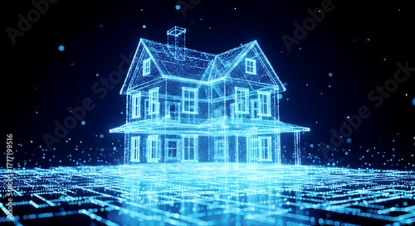 Fototapeta 3d illustration of digital house model with glowing lines, smart home technology concept