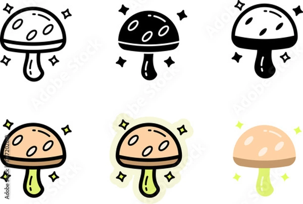 Obraz Mushroom Icons Set Monochrome and Colorful Variations