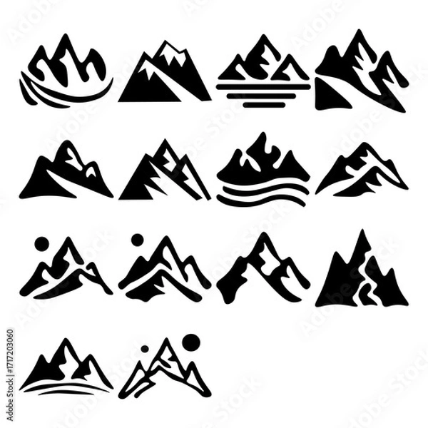 Fototapeta A collection of twelve minimalist black mountain silhouette peak icons varying in style and shape