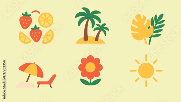 Obraz Summer themed icons featuring fruits, palms, flowers, and sun suitable for marketing materials, social media posts, and summerthemed designs.