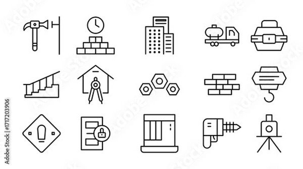 Fototapeta Building and infrastructure linear icon set. Construction, architecture, cranes, tools, workers, safety, machinery, engineering, blueprints, vector thin line icon pack