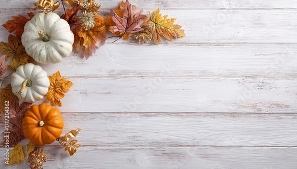 Fototapeta Minimalist Rustic White Wood Texture with Pumpkins and Autumn Leaves in Orange and Gold Hues