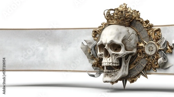 Obraz Gothic Skull Emblem on Aged Parchment Scroll Background