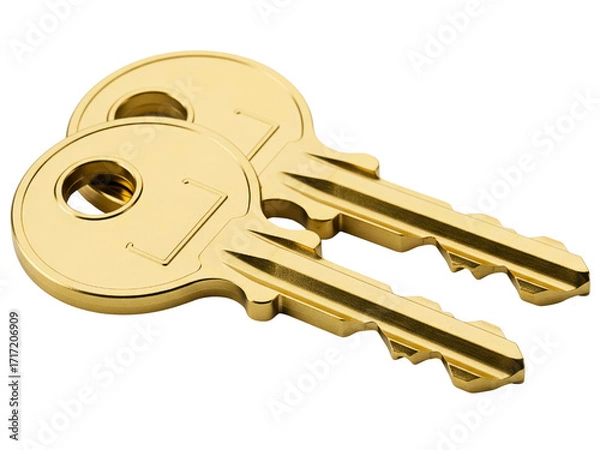 Fototapeta Pair of shiny new gold colored house keys for a door lock on a transparent background