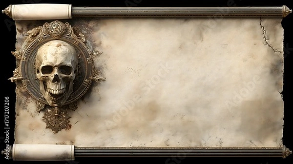 Obraz Old Paper Scroll Background with Skull Emblem and Frame