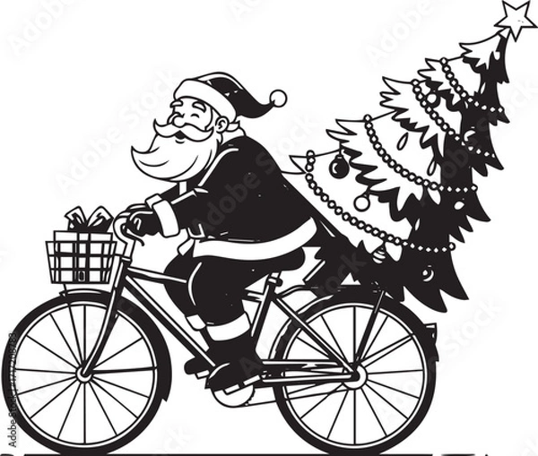 Fototapeta Santa Claus Riding Bicycle with Gifts and Christmas Tree , Festive Black and White Holiday Cartoon