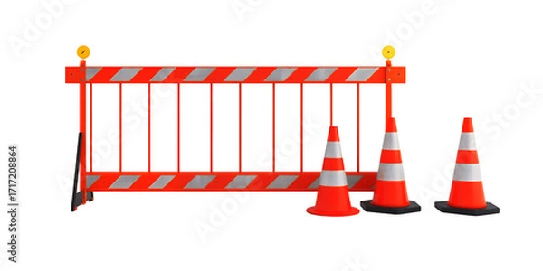 Obraz Orange Construction Barrier With Reflective Stripes And Three Traffic Cones On A Transparent Background