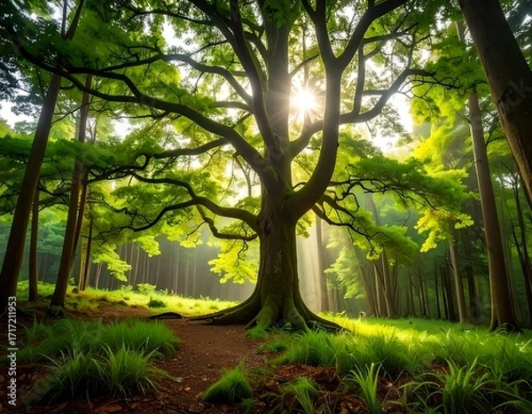 Fototapeta Majestic tree bathed in sunlight in a lush forest