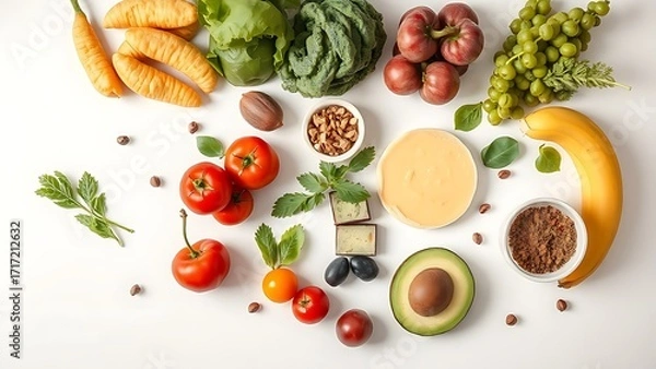 Fototapeta A thoughtful arrangement of fresh and nutritious food items from above, on a clean surface.