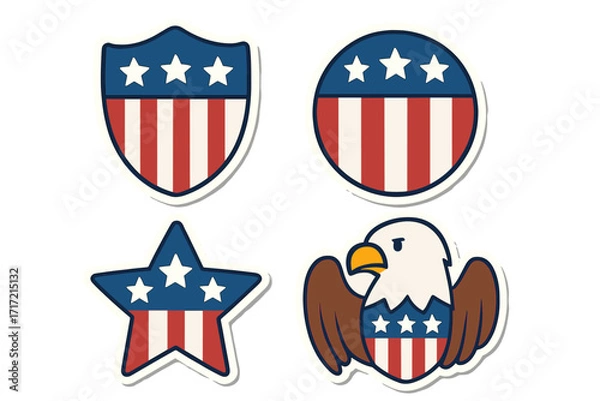 Fototapeta Set of American patriotic symbols. USA flag vector icon collection. Flat cartoon illustration of shield, star, circle, and bald eagle badges. National emblems for 4th of July.