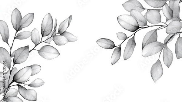 Obraz Elegant botanical illustration of eucalyptus leaves in grayscale for wedding invitation designs