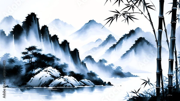 Obraz Japanese ink wash painting of bamboo and mountains, minimal and elegant cool wall art design