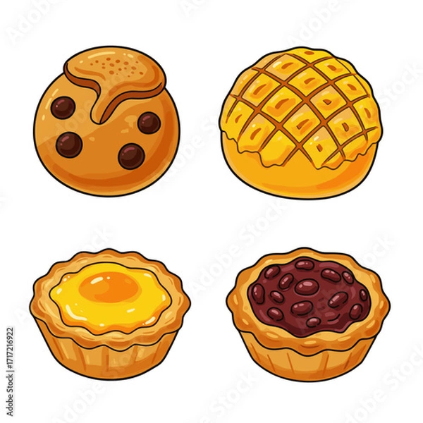 Fototapeta Collection of Asian Snacks themed icons, including Fortune Cookie, Pineapple Bun, Egg Tart, Red Bean Paste