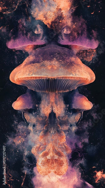 Fototapeta Surreal Mushroom Galaxy with Cosmic Hues and Dreamlike Texture, Psychedelic Art Inspiration