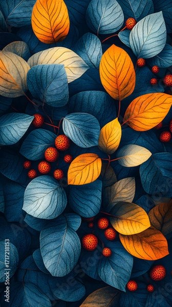 Fototapeta Stylized botanical pattern featuring vibrant orange autumn foliage and red berries against a backdrop of deep blue leaves for a modern textile design
