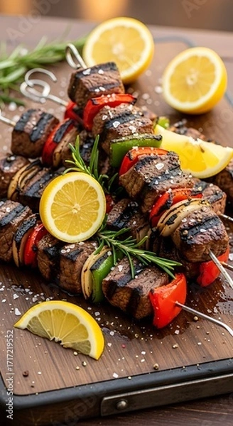 Fototapeta Aromatic grilled beef and vegetable skewers, garnished with fresh rosemary and lemon slices, arranged attractively on a wooden cutting board.