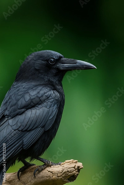 Fototapeta An intense gaze and sleek beauty of a crow perched on a weathered branch. The bird's dark plumage contrasts beautifully with the soft green background, creating a captivating wildlife portrait. 