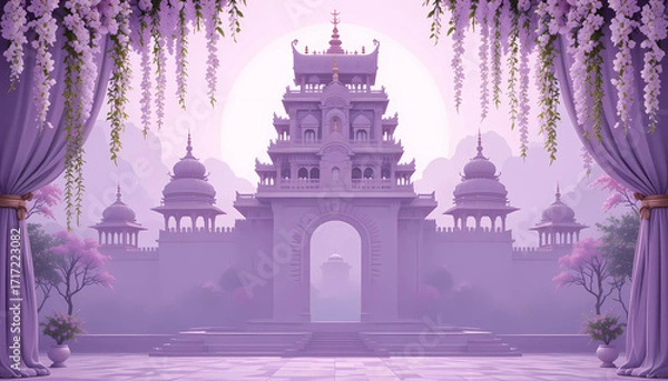 Fototapeta  Background featuring intricate temple gopuram silhouettes, jasmine garland curtains, and soft pastel lilac tones.
