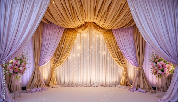 Fototapeta  Golden mandap backdrop with soft shimmering tones, jasmine curtain walls, and pastel lilac fabric layers.