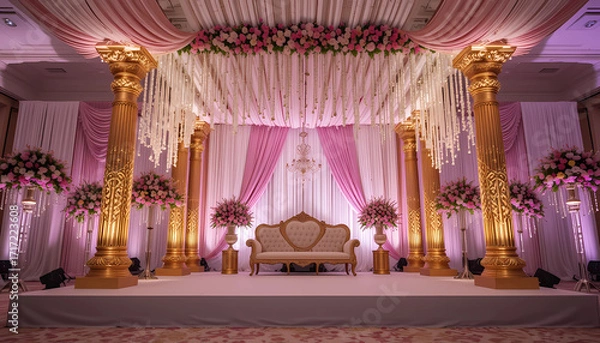 Fototapeta  Grand South Indian mandap backdrop with shimmering golden pillars, cascading jasmine strings, and pastel pink silk accents.