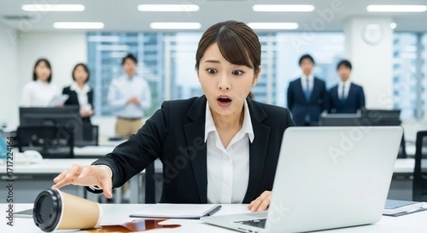 Fototapeta コーヒーをこぼしてしまい慌てる日本人女性社員